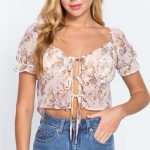 Short Slv Front Tie Print Woven Top
