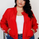 Plus Size Red & White Retro Le Mans Stripe Trim Sporty Windbreaker Bomber Jacket