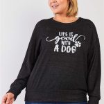 Plus Black Light Weave Graphic Print Detail Long Sleeve Top