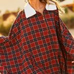 Mock Neck With Zipper Contrast Inside Front Pocket Plaid Poncho