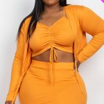 Plus Size Ruched Drawstring Cami Top & Skirt Set With Cardigan