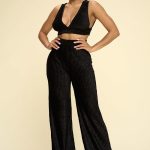 Crushed Velvet Plunging Neck Tank Top And High Waist Palazzo Pants Set