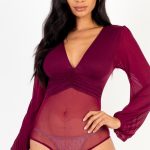 Mesh Long Sleeve Deep V-Neck Bodysuit