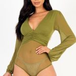 Mesh Long Sleeve Deep V-Neck Bodysuit