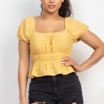 Puff Sleeve Eyelet Peplum Top