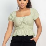 Puff Sleeve Eyelet Peplum Top