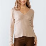 Sand Ribbed V-Neck Long Sleeve Soft To Touch Top