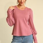 Solid Knit And Chiffon Mixed Top With Puff Long Sleeve